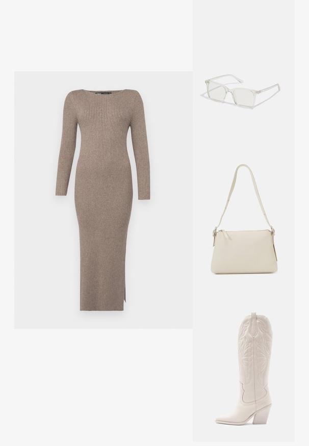 Rippstrickkleid in einem gedeckten Taupe-Ton, mit langen Ärmeln, einem Schiffkragen und einem seitlichen Schlitz für Bewegungsfreiheit.; Weiße Leder-Cowboystiefel mit spitzer Zehe und blockiertem Absatz. Sie verfügen über aufwendige Steppmuster am Schaft und eine glatte Textur.; Klare, quadratische Kunststoffbrillen mit durchsichtigen Gläsern, die goldene Akzente an den Bügeln für zusätzliche Details aufweisen.; Beige Schultertasche aus glattem Leder mit Reißverschluss. Hat ein einfaches Design, einen schmalen Schultergurt und Metallakzente.