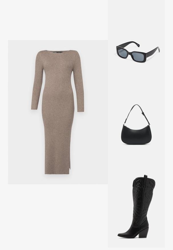 Rippstrickkleid in einem gedeckten Taupe-Ton, mit langen Ärmeln, einem Schiffkragen und einem seitlichen Schlitz für Bewegungsfreiheit.; Schwarze kniehohe Stiefel aus Leder mit spitz zulaufender Zehenpartie und gestapeltem Absatz. Verfügt über dekorative Nähte und geschwungene Designelemente.; Schwarze rechteckige Sonnenbrille mit dunkel getönten Gläsern, dickem Kunstrahmen und breiten Bügeln. Glatte Oberfläche und kantiges Design.; Pieces PCALUANA SHOULDER BAG - Handtasche - black