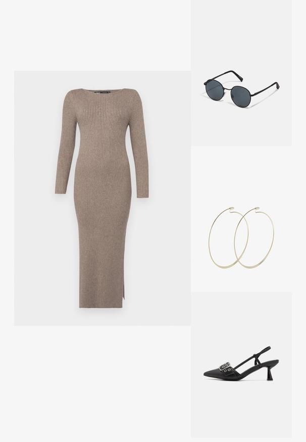 Geribkote tricot jurk in een gedempt taupe kleur, met lange mouwen, een bootnek en een zijsplit voor gemak in beweging.; Simmi London DALA - Klassieke pumps - black; Zwarte metaalachtige zonnebril met ronde glazen, donker getint, slanke armen en verstelbare neussteunen, met een minimalistisch ontwerp en zonder zichtbare branding.; Pilgrim Oorbellen - gold-coloured