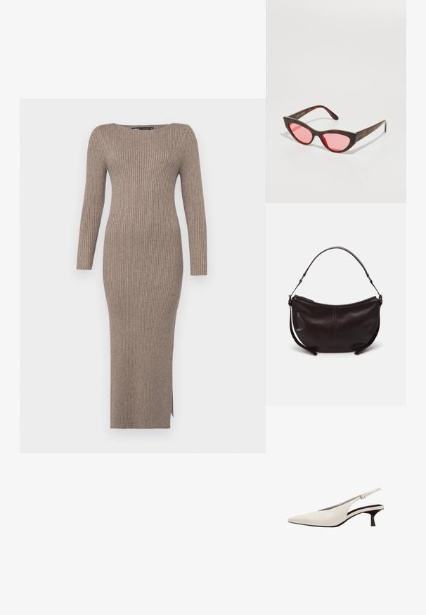 Šaty z rebrového pletenia v tlmenej taupe farbe, s dlhými rukávmi, lodičkovým výstrihom a postranným rozparkom pre pohodlie pri pohybe.; Biele kožené slingback topánky so špicatou špičkou, nízkym opätkom a nastaviteľným remienkom okolo členku so striebornou prackou.; Mačacie slnečné okuliare s tmavým korytnačím rámom a ružovými šošovkami. Hladký povrch s mierne zakriveným dizajnom a jemným brandingom na boku.; Tmavohnedá kožená taška cez plece s zakriveným tvarom, hladkou textúrou a jedným nastaviteľným popruhom. Obsahuje zips.