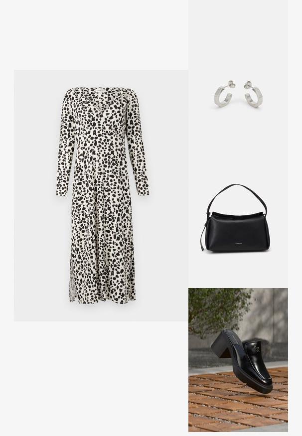 Lang, cremefarvet kjole med et sort pletmønster, der har lange ærmer, en V-udskæring og en sideslidse for nem bevægelse.; Sort læder Calvin Klein slip-on mule med blokhæl, der hviler på trætøj udendørs nær en grøn plante og en grå væg.; Sorte læderhåndtaske med en buet form, en enkelt skulderrem og lynlås lukning øverst. Har et diskret logo på fronten til branding.; Sølv metal hoop øreringe med et tekstureret design, der har en lille post bagpå og branding på en af øreringene. Rund form med en poleret overflade.