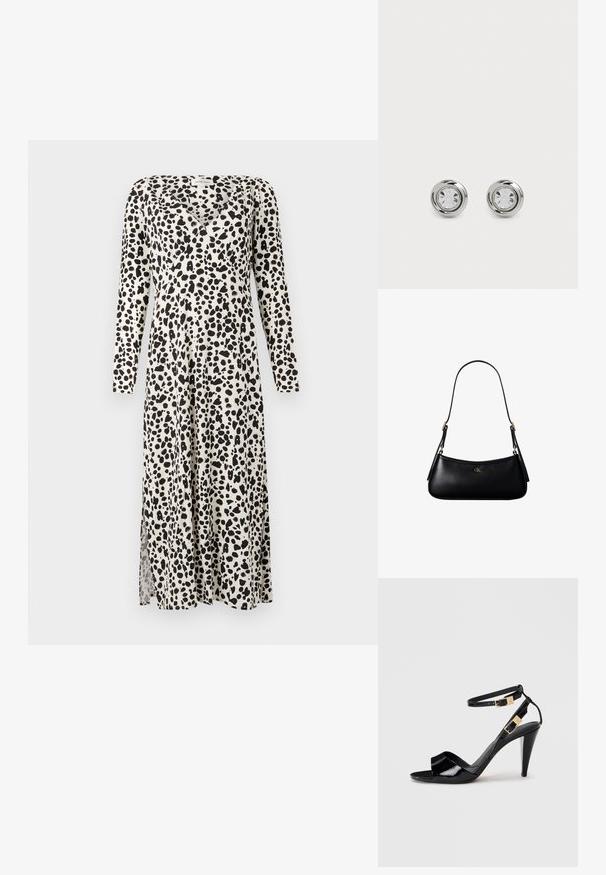 Langes, cremefarbenes Kleid mit einem schwarzen Punktmuster, das lange Ärmel, einen V-Ausschnitt und einen seitlichen Schlitz für Bewegungsfreiheit bietet.; Schwarze, lackierte High-Heeled-Sandalen mit doppelten Knöchelriemen und goldenen Schnallen, Zehen offen und schlankem, spitz zulaufendem Absatz auf neutralem Hintergrund.; Schwarze kleine Lederschultertasche mit dünnem Riemen und kleinem goldenem CK-Logo auf der Vorderseite in der Mitte.; Silberne Metalldorn-Ohrstecker mit runden klaren Kristallen, die eine glatte, polierte Oberfläche und ein kreisförmiges Design mit dezenten, erhöhten Kanten aufweisen.