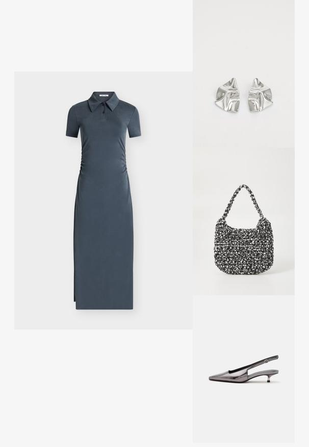 Robe polo midi gris foncé à manches courtes avec col boutonné et côtés froncés sur un fond clair uni.; Chaussure slingback gris métallique à bout pointu, petit talon kitten et bride réglable sur fond blanc.; Sac en osier noir et blanc de forme arrondie, avec une surface texturée et une poignée tressée. Convient à un usage décontracté.; Boucles d'oreilles en métal argenté avec un design ondulé et sculptural, présentant une finition polie et des formes irrégulières, mettant en valeur une esthétique contemporaine.