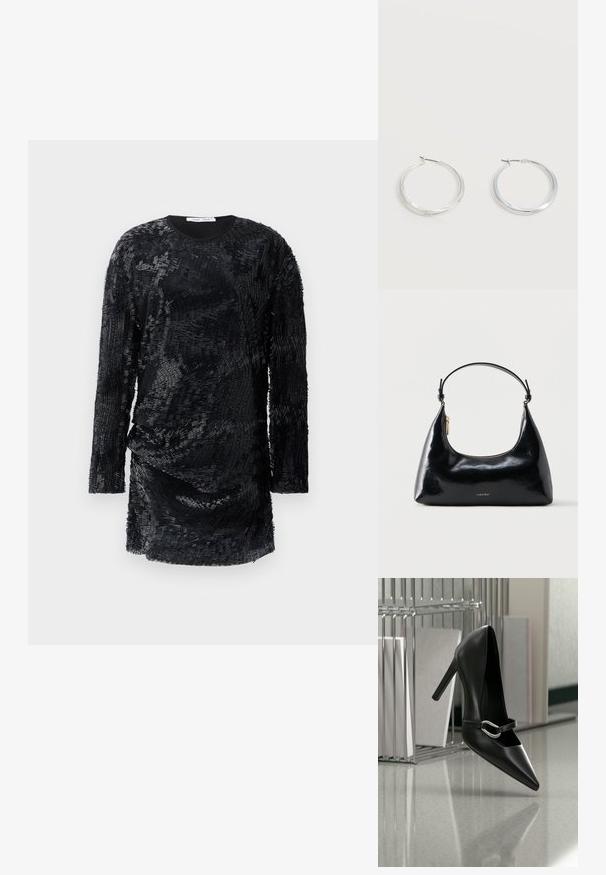 Robe noire à manches longues avec un tissu texturé, superposé présentant un motif ondulé et un col rond. Silhouette ajustée, longueur genou.; Chaussure à talon haut noire pointue avec une bride à boucle argentée, placée sur une surface réfléchissante près d’un organiseur métallique contenant des papiers.; Sac à main Calvin Klein noir brillant avec fermeture éclair dorée et anse courte sur fond blanc uni.; Boucles d’oreilles créoles en métal argenté avec une surface lisse légèrement incurvée et des fermoirs à clapet sur un fond blanc uni.