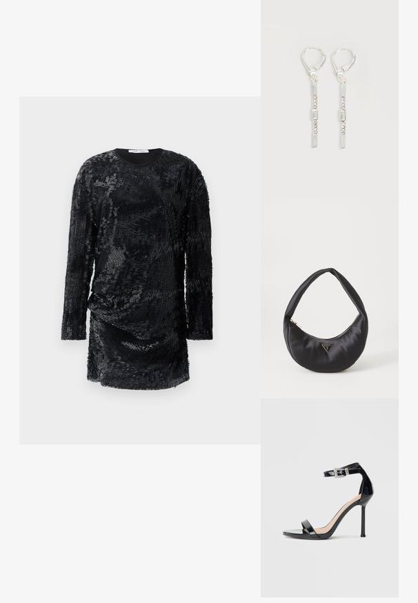 Robe noire à manches longues avec un tissu texturé, superposé présentant un motif ondulé et un col rond. Silhouette ajustée, longueur genou.; Sandale à talon haut en cuir verni noir avec bride à la cheville. Présente un design minimaliste, un bout ouvert et une boucle ornée de strass.; Sac à main en satin noir avec une forme courbée, doté d'une fermeture à glissière et d'un logo triangulaire en métal à l'avant. Texture lisse et design épuré.; Boucles d'oreilles pendantes en argent avec des cristaux clairs rectangulaires et ronds alignés verticalement, sécurisées par des fermoirs à levier.