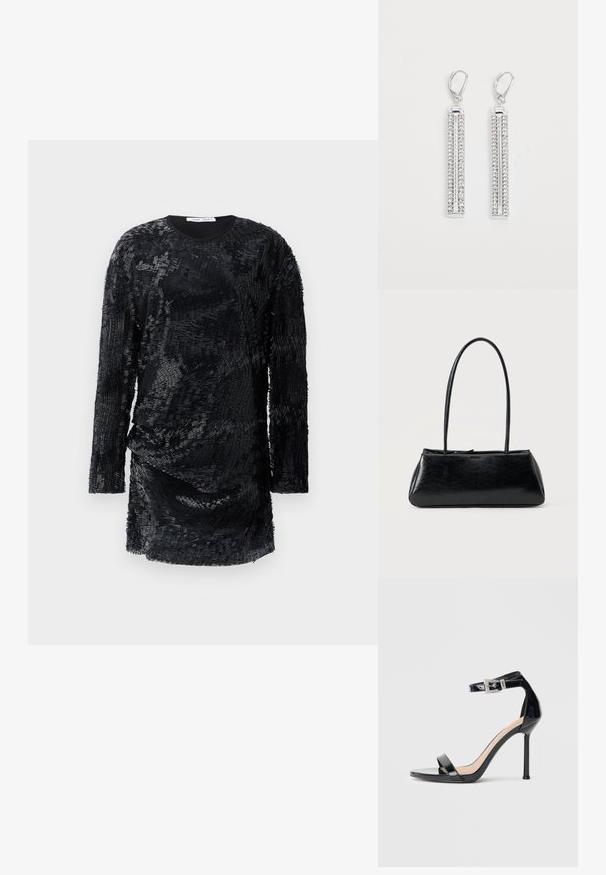 Robe noire à manches longues avec un tissu texturé, superposé présentant un motif ondulé et un col rond. Silhouette ajustée, longueur genou.; Sandale à talon haut en cuir verni noir avec bride à la cheville. Présente un design minimaliste, un bout ouvert et une boucle ornée de strass.; Sac à épaule rectangulaire noir avec de longues bretelles fines et une texture lisse et brillante sur un fond uni.; Boucles d'oreilles en argent avec deux barres allongées, chacune sertie de petites pierres en strass transparentes dans un motif linéaire. Fermeture à crochet.