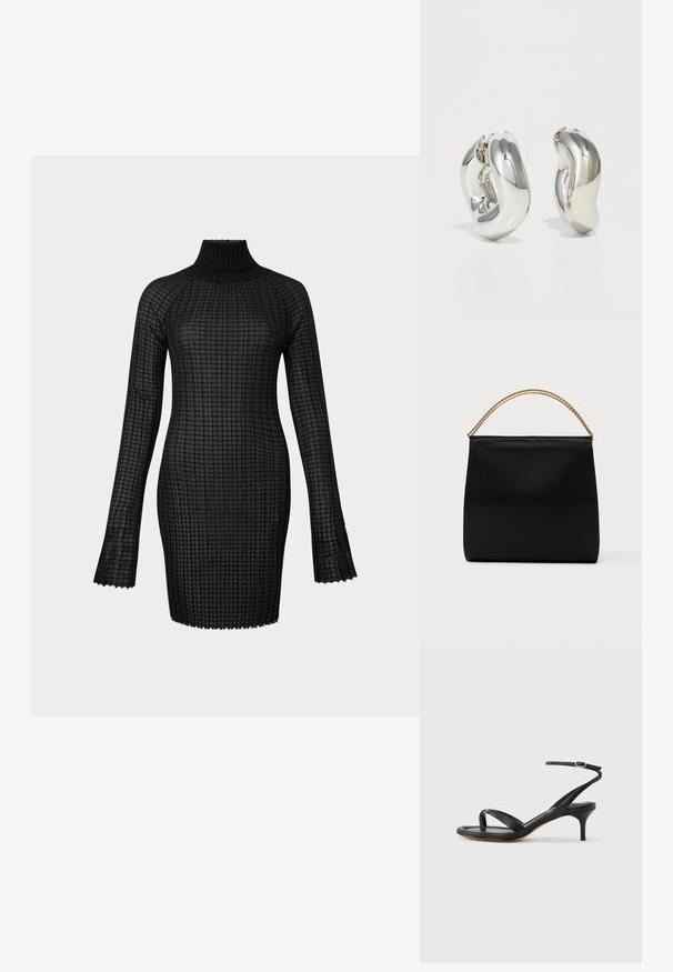 Robe en tricot noir à manches longues, col roulé et motif texturé en grille. Présente des bords festonnés et une silhouette ajustée.; Sandale pour femme en cuir noir avec fines lanières, une boucle d'orteil, une boucle à la cheville et un talon aiguille de hauteur moyenne sur un fond neutre.; Sac noir en tissu lisse, présentant une forme structurée, une poignée en chaîne dorée et un design géométrique minimaliste.; Boucles d'oreilles sculpturales en argent avec des formes douces et courbes et des surfaces réfléchissantes. Présentent un design de boucle fermée et une forme organique distincte.