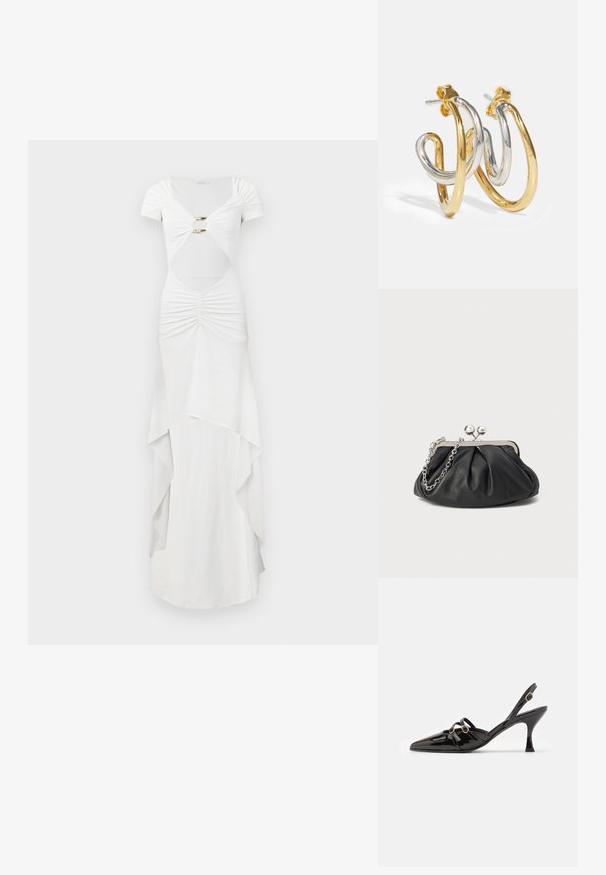 Vestido maxi blanco con mangas cortas, que presenta detalles fruncidos, cintura con corte, herrajes dorados y un diseño de falda en capas.; ALOHAS JOELLE ONIX - Tacones - black; Clutch de cuero negro con textura arrugada, marco de metal en tono plateado, cierre de beso y cadena para colgar. Superficie suave y lisa.; Pendientes de aro entrelazados en oro y plata con acabados suaves y brillantes; cuentan con un cierre de presión para un uso seguro.