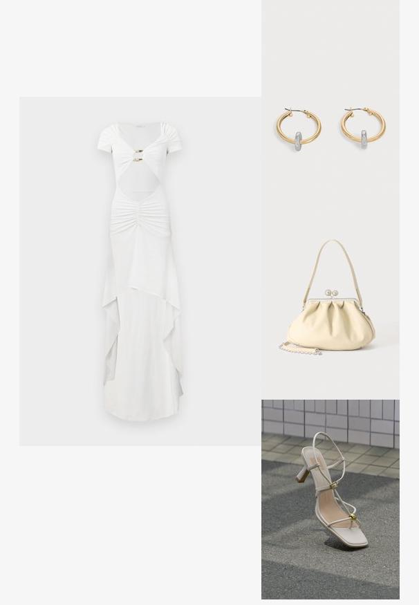 Hvid maxi kjole med korte ærmer, med rynket detalje, udskåret talje, guld accent hardware og lagdelt skørt design.; Beige sandal med hæl og stropper, guldspænde og dekorativ guldkugle, på brostensbelagt underlag nær flisebelagt væg.; Cremefarvet blødt læder håndtaske med indsamlet design, sølvramme-lukkemekanisme, kort hank og aftagelig kæderem.; Par guldtonede hoop øreringe med lille sølvfarvet loop-detalje på hver, vist mod lysegrå baggrund.