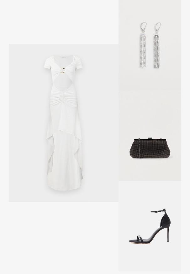 Vestido maxi blanco con mangas cortas, que presenta detalles fruncidos, cintura con corte, herrajes dorados y un diseño de falda en capas.; Sandalia de satén negro con tacón alto, una delgada correa, hebilla en el tobillo y un adorno decorativo de pedrería en la correa delantera.; Bolso de mano negro de malla con una silueta estructurada, adornado con pequeños tachuelas metálicas, que cuenta con un cierre de broche y una correa de cadena desmontable.; Pendientes de plata con dos barras alargadas, cada una decorada con pequeños rhinestones claros en un patrón lineal. Cierre de presión.