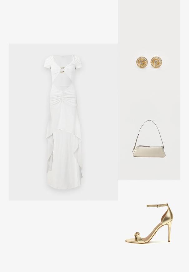 Vestido maxi blanco con mangas cortas, que presenta detalles fruncidos, cintura con corte, herrajes dorados y un diseño de falda en capas.; Sandal de tacón alto metálico dorado con correa en el tobillo, punta abierta, tirante ancho con acento circular y tacón de aguja. Textura suave.; Pequeño bolso de hombro de cuero beige con una correa fina y cierre de cremallera, con un logo metálico discreto en el centro del frente.; Pendientes de estudio circulares de oro con un diseño en espiral, adornados con cristales transparentes en el borde y un elemento decorativo central.