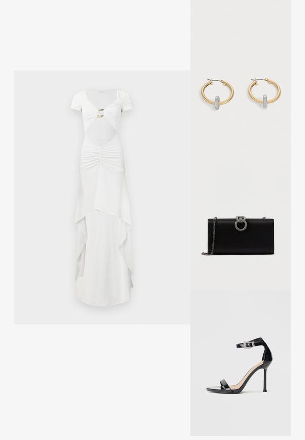 Witte maxi-jurk met korte mouwen, voorzien van gerimpelde details, een uitgesneden taille, gouden accenthardware en een gelaagde rokdesign.; Zwarte sandalen met hoge hak van lakleer en een enkelriempje. Heeft een minimalistisch ontwerp, open teen en een gesp met strass-steentjes.; Zwarte satijnen clutch met een zilverkleurige ronde sluiting versierd met rhinestones, heeft een afneembare kettingriem.; Paar goudkleurige creolen met kleine zilverkleurige lusdetail op elk, weergegeven tegen een lichtgrijze achtergrond.