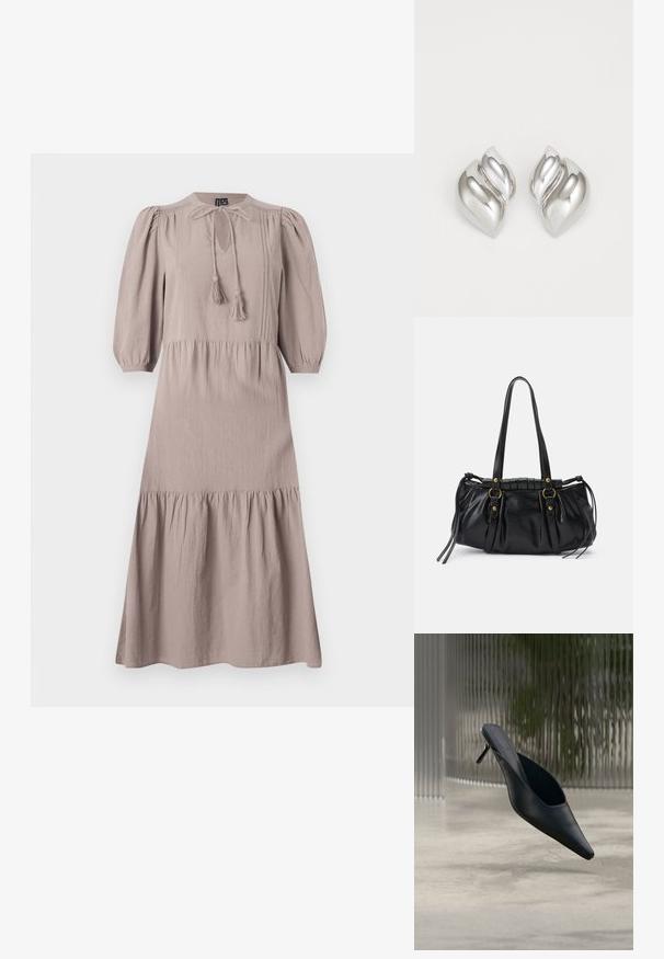Maxi-mekko pehmeästä taupe-kankaasta, jossa on pyöreä pääntie, pleatatut yksityiskohdat, puffihihat ja kerroksellinen hame. Varustettu nyörillä ja tupsuilla.; Mustat kärjest terävät mules-kengät, joissa on ohut korkea korko, kelluvat sileän betonilattian yläpuolella, taustalla epätarkka pystyraitakuosi.; Musta nahkainen käsilaukku, jossa on pyöreä muoto, kaksinkertaiset kahvat, koristeelliset metalliosat ja sivutaitteet. Pintamateriaali on sileä ja kiiltävä.; Hopeakoru, jolla on orgaaninen, abstrakti muoto. Sileä, kiiltävä pinta ja kapeneva muotoilu. Korussa on hienovaraisia kaaria ja keskeinen viivayksityiskohta.