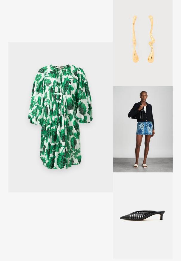 Groene bloemenjurk met pofmouwen, voorzien van een geplooide halslijn en textuurstof, versierd met donker en lichtgroene bladeren op een witte achtergrond.; Zwarte leren mule met puntige neus, riemdesign met uitsnijdingen en lage kittenhiel op een witte achtergrond.; Zwarte gebreide cardigan, witte top, denimrok met blauw en zwart ruitpatroon, zwarte handtas en beige instapsandalen.; Asymmetrische gouden druppel oorbellen met vloeiende, onregelmatige vormen, voorzien van gladde, gebogen lijnen en traadvormige uiteinden tegen een effen witte achtergrond.