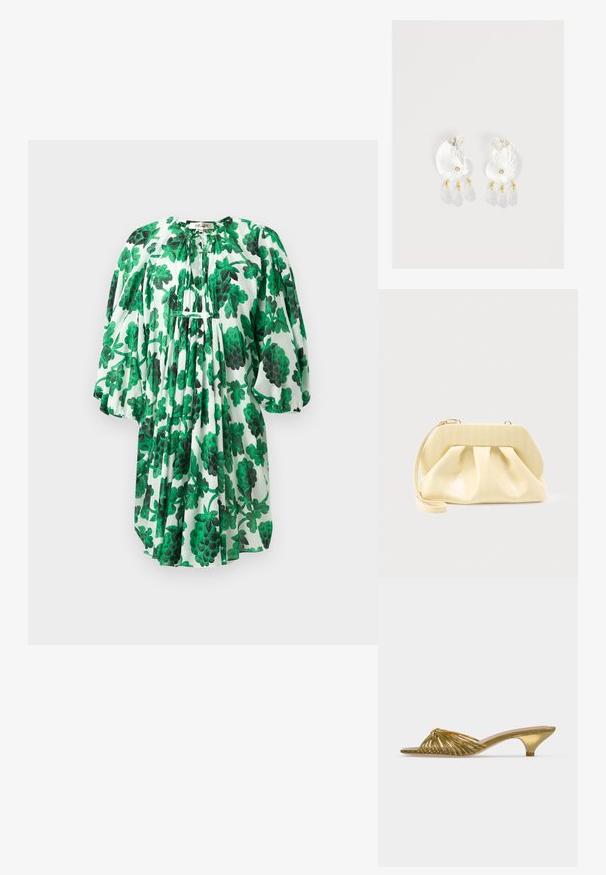 Groene bloemenjurk met pofmouwen, voorzien van een geplooide halslijn en textuurstof, versierd met donker en lichtgroene bladeren op een witte achtergrond.; Gouden mule met open teen, lage kittenhak en knoopdesign op een effen witte achtergrond.; Crème-kleurige leren clutch met een gestructureerd bovenframe en polsbandje, weergegeven tegen een effen lichte achtergrond.; Duidelijke hars oorbellen in schelpvorm met kleine gouden accenten en drie hangende doorschijnende druppelvormige bedels aan elk oorbel.