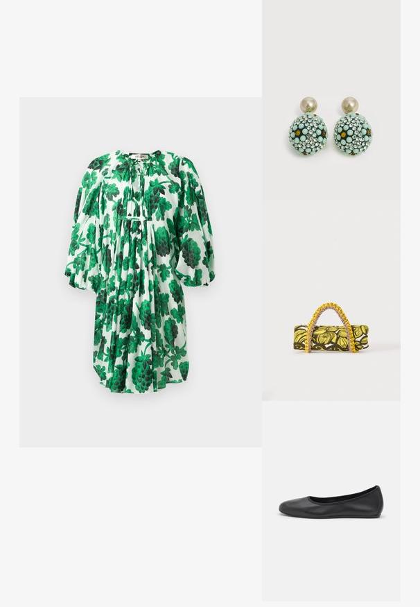 Groene bloemenjurk met pofmouwen, voorzien van een geplooide halslijn en textuurstof, versierd met donker en lichtgroene bladeren op een witte achtergrond.; Zwarte leren ballerina met een ronde neus, gladde textuur, minimale stikdetails en een flexibele zoolontwerp.; Rechthoekige tas met geel-zwart bloemenpatroon en gevlochten geel-roze handvat op witte achtergrond.; Ronde oorstekers met grote pareltoppen en bolvormige druppels bedekt met muntgroene, amberkleurige en heldere strasssteentjes.