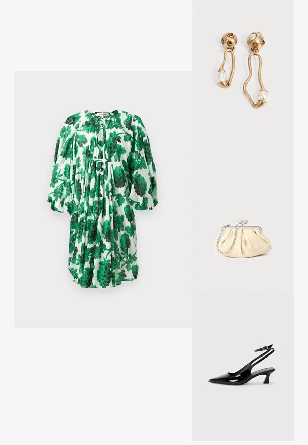 Groene bloemenjurk met pofmouwen, voorzien van een geplooide halslijn en textuurstof, versierd met donker en lichtgroene bladeren op een witte achtergrond.; Zwarte gepatineerde leren slingback hakken met een puntige neus, lage blokhak en een verstelbare enkelband met een gouden gespsluiting.; Geplooide beige leren clutch met een zilveren metalen frame, voorzien van twee ronde decoratieve sluitingen en een zilveren kettingriem.; Goudkleurige oorbellen met onregelmatige open vormen, elk met een parel aan de onderkant en edelsteendetails op de ronde stekers.