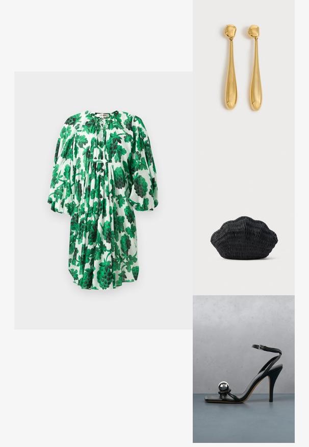 Groene bloemenjurk met pofmouwen, voorzien van een geplooide halslijn en textuurstof, versierd met donker en lichtgroene bladeren op een witte achtergrond.; Zwarte hoge hak sandaal met enkelriem en metallic zilveren decoratieve bal op houten betegeld oppervlak buiten met vage groene en muur achtergrond.; Zwarte gevlochten handtas in de vorm van een sint-jakobsschelp met een gebogen bovenkant en een geweven textuur op een effen achtergrond.; Een paar lange, gladde, glanzende gouden druppelvormige oorbellen met afgeronde toppen en taps toelopende druppelvormen op een lichte achtergrond.