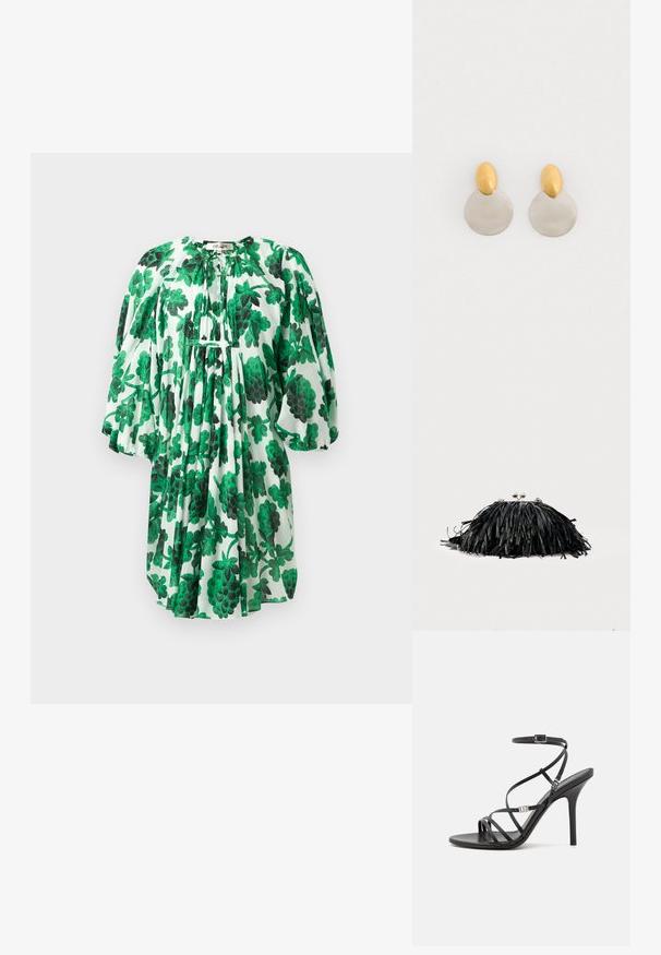 Groene bloemenjurk met pofmouwen, voorzien van een geplooide halslijn en textuurstof, versierd met donker en lichtgroene bladeren op een witte achtergrond.; Zwarte hoge hakken sandaal met dunne banden, een enkelgesp, een gladleren oppervlak en een slanke stilettohak.; Zwarte clutch met franjes, zilveren sluiting en kettingbandje op een effen lichte achtergrond.; Gouden en zilveren metalen oorbellen met een ronde schijfbasis en een ovale bovenstuk, gladde textuur en gepolijste afwerking.