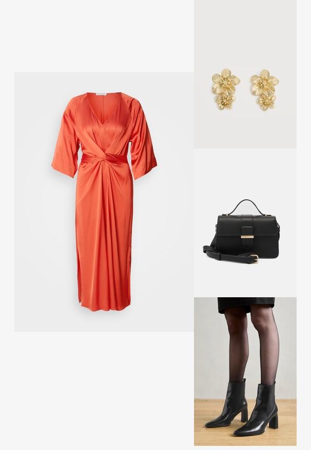 Vestido de satén naranja con un profundo escote en V, mangas anchas y un nudo en el frente. La falda tiene una abertura lateral para un detalle adicional.; Botines de cuero negro hasta el tobillo con punta afilada, tacón cuadrado grueso y diseño elegante. Presentan paneles laterales elásticos para facilitar el uso.; Bolso de mano de cuero negro con acentos metálicos dorados, forma rectangular, cierre con solapa, correa de hombro ajustable, textura suave, diseño minimalista.; Pendientes en tono dorado con dos flores texturizadas superpuestas, pétalos detallados y acentos de cuentas centrales.