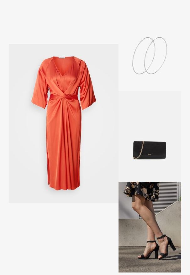 Satin oranje jurk met een diepe V-hals, brede mouwen en een voorzijde knoopdetail. De rok heeft een zijsplit voor extra detail.; Zwarte suède hoge hakken sandalen hebben een enkelband met een gesp, een open teenontwerp en een chunky hak. Glad textuur en minimalistische stijl.; Zwarte clutch tas gemaakt van suede met een textuurafwerking, voorzien van een gouden schouderband en een strakke, hoekige vorm.; Zilveren hoepel oorbellen met een minimalistisch ontwerp. Cirkelvormig, gladde textuur en dun profiel. Lichtgewicht met een gepolijste afwerking.
