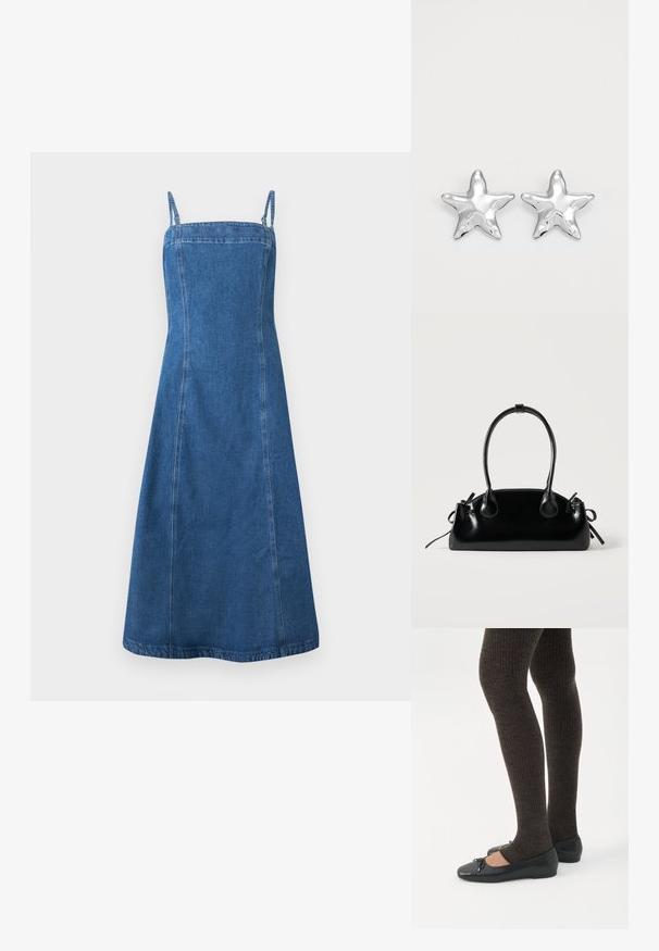 Robe midi en denim bleu avec fines bretelles, encolure carrée et corsage ajusté s'évasant légèrement vers l'ourlet.; Jambes portant des leggings côtelés foncés associés à des ballerines noires avec de petits détails en nœud sur fond blanc.; Petit sac à main noir brillant avec deux longues anses et des détails à cordon sur les côtés sur un fond clair uni.; Boucles d'oreilles argentées en forme d'étoile, avec une surface lisse et brillante. Chaque boucle d'oreille possède cinq pointes et des détails subtils de texture de surface.