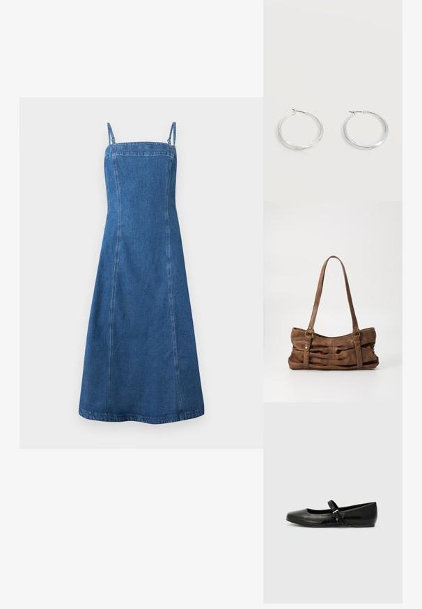 Robe midi en denim bleu avec fines bretelles, encolure carrée et corsage ajusté s'évasant légèrement vers l'ourlet.; Ballerines en cuir noir avec un bout arrondi, une semelle plate et une fine sangle ajustable sur le cou-de-pied avec une boucle en métal.; Even&Odd Sac à main - brown; Boucles d’oreilles créoles en métal argenté avec une surface lisse légèrement incurvée et des fermoirs à clapet sur un fond blanc uni.