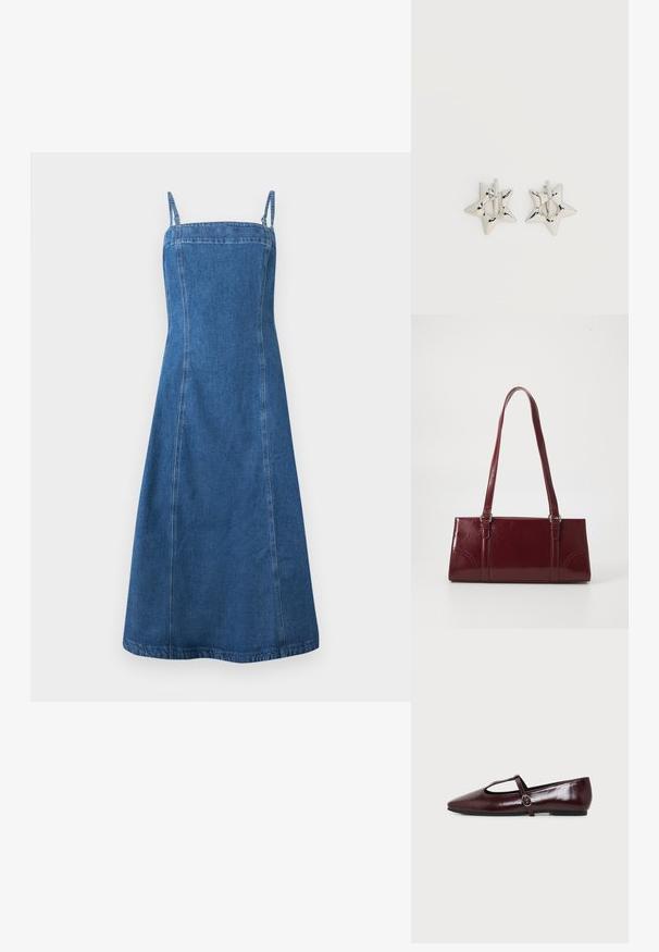 Robe midi en denim bleu avec fines bretelles, encolure carrée et corsage ajusté s'évasant légèrement vers l'ourlet.; Chaussure plate en cuir bordeaux foncé avec un bout pointu et une fine bride en T avec une boucle argentée sur fond blanc.; Sac à main bordeaux en matériau brillant, de forme rectangulaire, avec deux anses et des accents légèrement courbés à l'avant.; Boucles d’oreilles créoles en forme d’étoile argentée avec une finition lisse et polie sur un fond blanc uni.