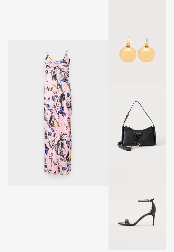 Robe maxi rose avec des fines bretelles, mettant en avant un collage de motifs noirs et bleus, des imprimés floraux et des accents de texte audacieux tout au long.; Sandale à talons hauts en cuir noir avec une lanière de cheville. Présente une texture lisse, un bout ouvert et un talon fin. Détail de boucle en ton doré.; Sac à épaule Moschino noir avec breloque cœur doré, bandoulière réglable et plaque logo sur fond uni.; Paire de boucles d'oreilles boule de Noël dorées brillantes avec fermoirs à crochet sur fond blanc uni.