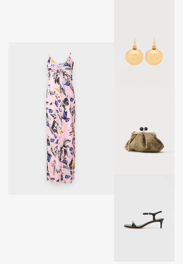 Robe maxi rose avec des fines bretelles, mettant en avant un collage de motifs noirs et bleus, des imprimés floraux et des accents de texte audacieux tout au long.; Sandale noire en cuir à talon avec bride à la cheville, bout ouvert, devant carré et accent en métal argenté. Design ajusté avec un profil élégant.; Petite pochette avec motif géométrique doré et noir, cadre en métal doré, fermeture à boule noire et une courte chaîne dorée.; Paire de boucles d'oreilles boule de Noël dorées brillantes avec fermoirs à crochet sur fond blanc uni.