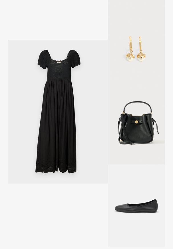 Zwarte maxi-jurk met een gestructureerde bovenkant, korte pofmouwen en een geplooide rok met delicate oogjes aan de zoom.; Zwarte leren ballerina met een ronde neus, gladde textuur, minimale stikdetails en een flexibele zoolontwerp.; Zwarte gestructureerde leren handtas met een kort handvat, een lange schouderband en een ronde sluiting met gouden toonlogo aan de voorkant.; Gouden oorringen met hangende witte parels omhuld met goud en kleine heldere kristallen op een effen lichte achtergrond.
