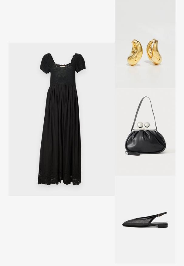 Musthave mustrõiv musta värvi maksikleit, millel on tekstureeritud rinnaosa, lühikesed puhvärvid ja kokku kogutud seelik, mille allääres on peen silmadega detail.; Must slingback platvormkinga terava varbaosaga, võrkpealsega, reguleeritava pandlaga rihmaga ja madala pinu kontsaga valgel taustal.; Mustast nahast käekott kogutud disainiga, ühe rihmaga, hõbedase metallraamiga ja kahe suure ümmarguse hõbedase klambriga.; Kuldne rõngastüüpi kõrvarõngad sujuva, kõverdatud kujuga ja läikiva viimistlusega. Omavad sulgemismehhanismi ja väikeseid süvendusi detailideks.