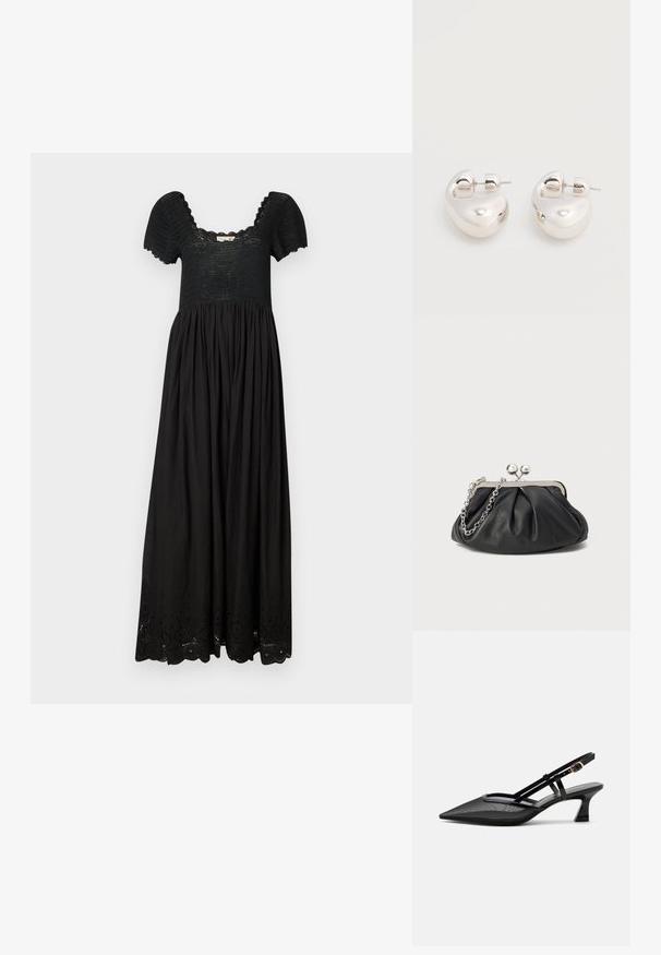Vestido largo negro con un cuerpo texturizado, mangas cortas abullonadas y una falda fruncida que presenta delicados detalles de ojete en el dobladillo.; Zapato slingback negro con punta afilada, parte superior de malla, tiras delgadas, hebilla dorada y tacón bajo curvado sobre fondo blanco.; Clutch de cuero negro con textura arrugada, marco de metal en tono plateado, cierre de beso y cadena para colgar. Superficie suave y lisa.; Par de pendientes llamativos de aro grueso plateado brillante con cierre de poste sobre un fondo blanco liso.