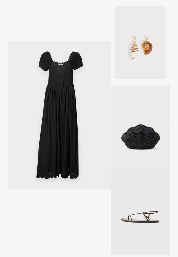 Schwarzes Maxikleid mit einem strukturierten Oberteil, kurzen Puffärmel und einem gerafften Rock, der am Saum zarte Lochstickereien aufweist.; Braune Leder-Sandale mit dünnen Riemen, einem goldenen, runden Akzent und einer flachen Sohle. Minimalistisches Design mit einem verstellbaren Schnallen-Detail.; Schwarze Korbtasche in Muschelform mit gebogenem Oberteil und gewebter Textur auf einfarbigem Hintergrund.; Asymmetrische Ohrringe mit Muschel-Anhängern, goldfarbene Stecker mit Perlenkappen und kleinen eingearbeiteten klaren Edelsteinen auf jeder Muschel.