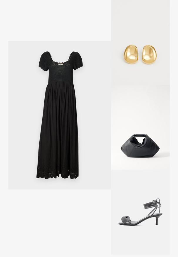 Schwarzes Maxikleid mit einem strukturierten Oberteil, kurzen Puffärmel und einem gerafften Rock, der am Saum zarte Lochstickereien aufweist.; Graue Leder-Pumps mit Absatz, verknotetem Riemen über den Zehen und Wickelriemen um den Knöchel auf schlankem, mittelhohem Absatz vor weißem Hintergrund.; Schwarze Lederhandtasche mit strukturiertem Äußeren, einzigartiger zerknüllter Form und kurzem Henkel. Verfügt über ein einzelnes Hauptfach.; Goldfarbene Ohrstecker mit einer glatten, runden Form und einer reflektierenden Oberfläche, die ein minimalistisches Design ohne sichtbare Muster zeigen.