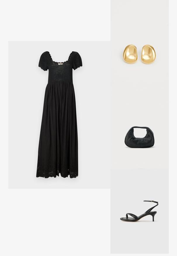 Schwarzes Maxikleid mit einem strukturierten Oberteil, kurzen Puffärmel und einem gerafften Rock, der am Saum zarte Lochstickereien aufweist.; Schwarze Ledersandale für Damen mit dünnen Riemchen, einer Zehenlasche, einer Knöchelschnalle und einem mittelhohen Stöckelabsatz vor neutralem Hintergrund.; Schwarze gewebte Hobo-Tasche mit weicher Struktur und integriertem Griff, dargestellt vor einem schlichten hellen Hintergrund.; Goldfarbene Ohrstecker mit einer glatten, runden Form und einer reflektierenden Oberfläche, die ein minimalistisches Design ohne sichtbare Muster zeigen.