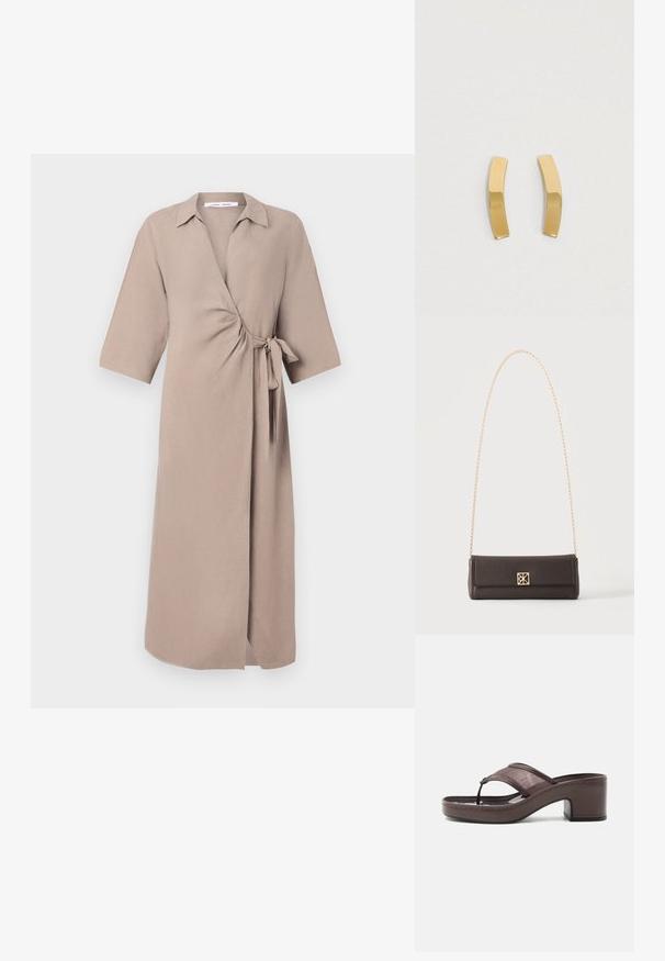 Beige kietaisdress lightweight kankaasta, jossa on V-kaula-aukko, lyhyet hihat ja vyötäröllä solmittava yksityiskohta. Keskipituinen malli.; Ruskea korollinen sandaali, jossa verkkohihna ja varvasremmi, lohkokorko ja ommeltu pohja, esitetty sivuprofiilissa valkoisella taustalla.; Suorakulmainen tumma ruskea nahkainen käsilaukku, jossa on kultainen ketjuhihna ja pieni neliömäinen kultainen lukko etupuolella keskellä.; Kulta-toned metalli korvakorut, joissa on kaareva, pitkänomainen muotoilu. Pinta on sileä ja kiillotettu, ja siinä on minimalistinen tyyli.