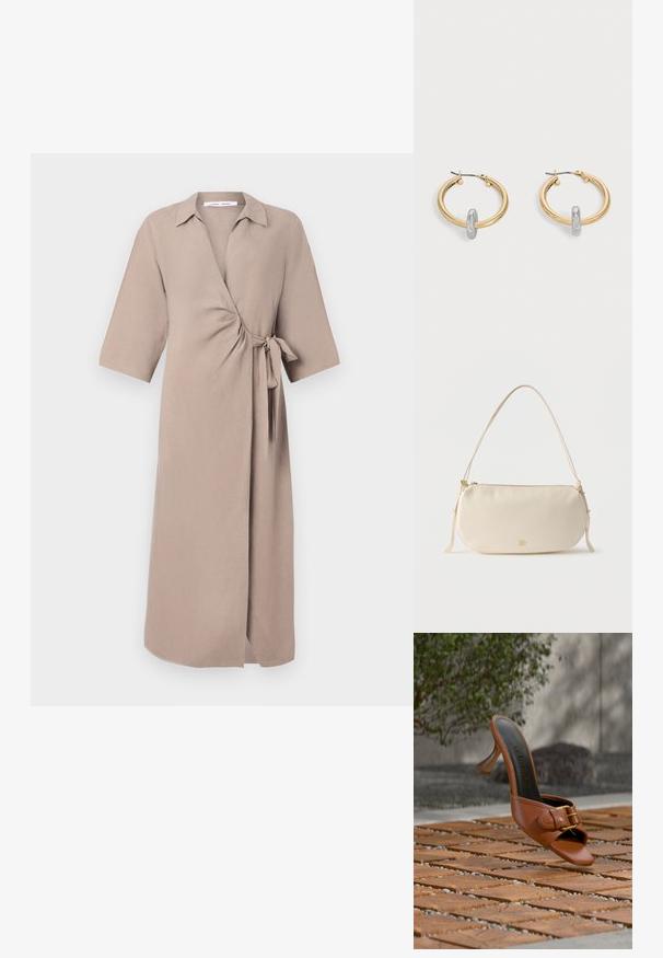 Vestido envolvente beige en tejido ligero, con escote en V, mangas cortas y un detalle atado en la cintura. Diseño de longitud media.; Mule marrón de cuero con tacón alto y detalle de hebilla, con la marca “Guess” en la plantilla, colocado sobre azulejos de madera con estampado, con vegetación y fondo de pared de hormigón.; Bolso pequeño de color crema para llevar al hombro, con una sola correa, cierre de cremallera y un sutil logo de la marca en dorado en el frontal.; Par de pendientes de aro en tono dorado con pequeño detalle de aro en tono plateado en cada uno, expuestos sobre un fondo gris claro.