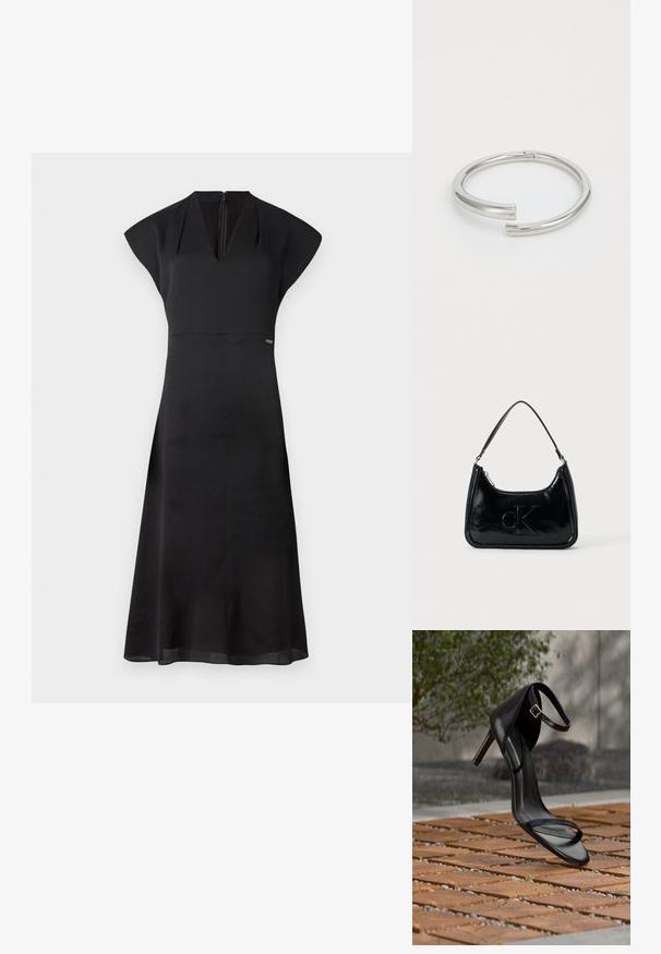 Robe noire avec de courtes manches cap et un décolleté en V. Tissu texturé avec un corsage ajusté et une jupe évasée. Fermeture éclair au dos et détail de marque subtile.; Sandale noire à talon haut avec sangle à la cheville, suspendue au-dessus d'un sol en carreaux de bois à l'extérieur, avec un arrière-plan flou de verdure et de pierre.; Sac à main en cuir verni noir avec une anse incurvée, fermeture éclair et logo "cK" embossé sur le devant. Texture lisse, forme structurée.; Calvin Klein SPIRAL - Bracelet - silver-coloured