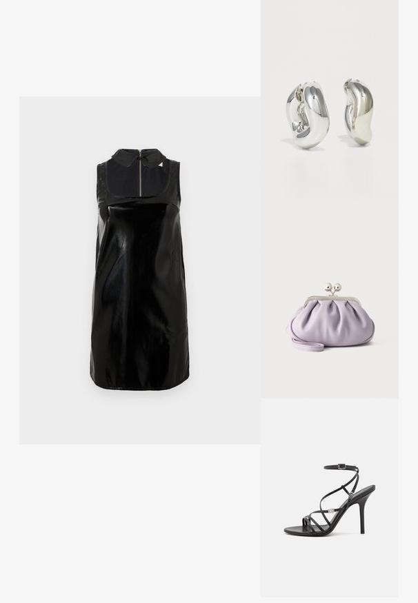 Ärmelloses schwarzes Lacklederkleid mit hohem Kragen und durchgehendem Reißverschluss, mit glänzender Textur und schmalem, geraden Schnitt.; Schwarze High-Heel-Sandale mit dünnen Riemen, einem Knöchelverschluss, einer glatten Lederoberfläche und einem schlanken Stiletto-Absatz.; Weiche Lavendel-Clutch mit gerafftem Stoff, silbernem Kiss-Lock-Verschluss und passendem Handgelenksriemen auf hellem einfarbigem Hintergrund.; Silberne skulpturale Ohrringe mit glatten, geschwungenen Formen und reflektierenden Oberflächen. Sie verfügen über ein geschlossenes Ringdesign und eine ausgeprägte organische Form.