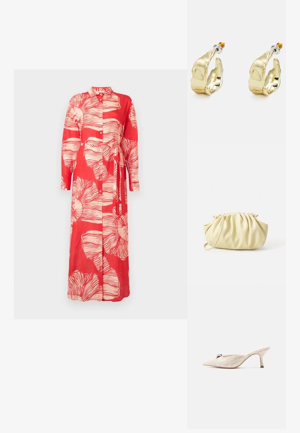 Rød langærmet kjole med krave, der har et hvidt blomsterprint og en bundet talje. Fremstillet af letvægtsstof med knaplukninger.; Beige laksko slingback hæle med spids tå, med en quiltet tekstur og en lille gylden detalje foran.; Gul plisseret håndtaske lavet af glat kunstlæder, med en blød form, en enkelt skulderrem og samlet topdesign.; Guldtonede øreringe formet som abstrakte hænder, med en skinnende overflade, intrikate detaljer og en sølv- og guldfarvet post til sikker fastgørelse.