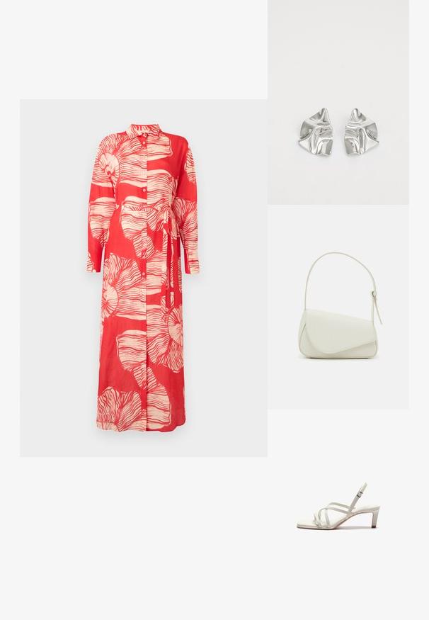 Rød langærmet kjole med krave, der har et hvidt blomsterprint og en bundet talje. Fremstillet af letvægtsstof med knaplukninger.; Zign by Zalando Pumps - off white; Hvid taske i faux læder med en struktureret trekantet form, enkelt justerbart skulderstrop og en flaplås med kurver.; Sølvmetal øreringe med et bølgende, skulpturelt design, der har en poleret overflade og uregelmæssige former, hvilket fremhæver en moderne æstetik.