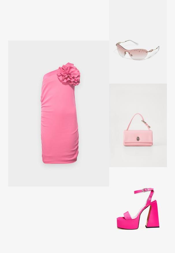 Vestido de un solo hombro en un tejido de un vibrante rosa, con un acento rizado en el hombro, diseño ajustado y textura gather en el lateral.; Sandalias de plataforma rosas con un amplio tacón cuadrado, tira de tobillo, acabado suave y diseño de punta abierta. Detalle de hebilla en el tobillo.; Gafas de sol con efecto ombré rosa y montura transparente, adornadas con pedrería clara y rosa a lo largo del borde superior y detalles metálicos en las varillas.; Bolso de mano de cuero rosa con una forma rectangular estructurada, un único asa corta y un detalle de cierre en tono plateado en la parte delantera.