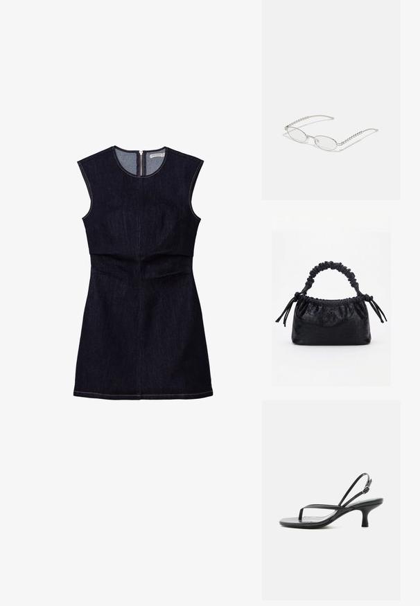Robe sans manches en denim foncé avec un corsage ajusté et une jupe évasée. Présente une fermeture à glissière dans le dos et de simples détails de couture.; Sandale noire à fines lanières, petit talon kitten, boucle fine pour l’orteil et bride réglable à la cheville avec boucle argentée, sur fond blanc.; Lunettes ovales avec une monture métallique argentée, verres transparents et accents de branches texturées avec perles. Design léger avec des branches courbées.; Sac à main noir avec texture crocodile, bord supérieur froncé, poignée plissée et pompons à cordon de chaque côté sur fond blanc.