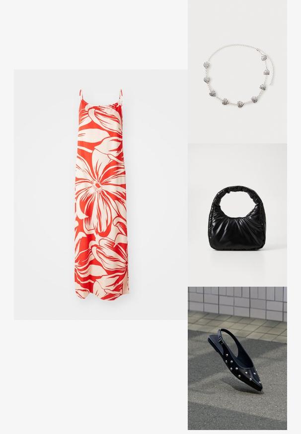 Robe maxi rouge et crème, ornée de grands motifs floraux. Fabriquée en tissu léger avec des bretelles spaghetti réglables et des fentes sur les côtés.; Chaussure slingback noire à bout pointu avec des clous argentés, flottant au-dessus d'un bitume près d'un mur carrelé en arrière-plan.; Sac à main noir rembourré avec une poignée arrondie, présentant une surface lisse et brillante ainsi qu'une texture douce et matelassée. Pas de quincaillerie ou d'accents visibles.; Collier chaîne en argent avec huit petits pendentifs en forme de cœur présentant des motifs complexes en spirale, posé à plat sur un fond clair.