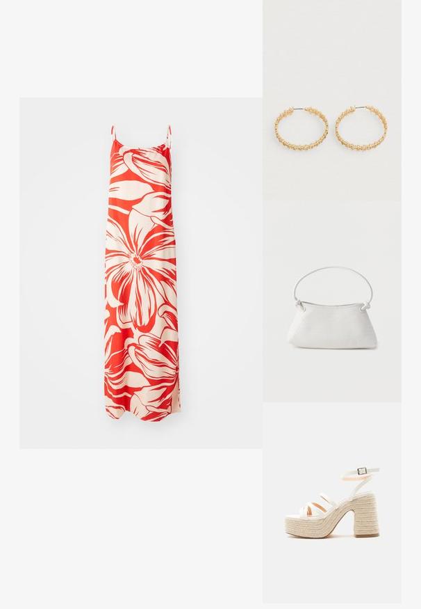 Robe maxi rouge et crème, ornée de grands motifs floraux. Fabriquée en tissu léger avec des bretelles spaghetti réglables et des fentes sur les côtés.; Sandale à plateforme blanche avec talon et semelle en corde tressée, trois brides avant et une bride à la cheville avec une boucle argentée.; Sac à main en cuir tressé blanc avec poignée arrondie et extrémités de lanière nouées, présenté sur un fond uni.; Boucles d'oreilles créoles en or avec un design texturé orné de petites perles rondes sur le bord extérieur. Légères avec une fermeture sécurisée.