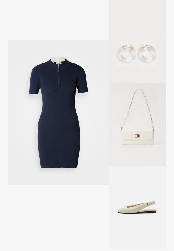 Marineblaues geripptes Strickkleid mit kurzen Ärmeln, hohem Kragen und zentralem Reißverschluss. Glatte Textur, taillierte Silhouette und dezentes Logo-Detail.; cremefarbiger Lederslingback-Flachschuh mit rundem Zehenbereich und kleinem goldfarbenem Emblem am Riemen.; Weiße Schultertasche aus Kunstleder mit einem langen Trageriemen, ausgestattet mit einem magnetischen Klappverschluss und einem blauen, roten und weißen Logo-Patch auf der Vorderseite.; Klares Acryl-Hoop-Ohrringe mit Metalldetails in Goldton und polierter Oberfläche. Verfügt über ein glattes, rundes Design.