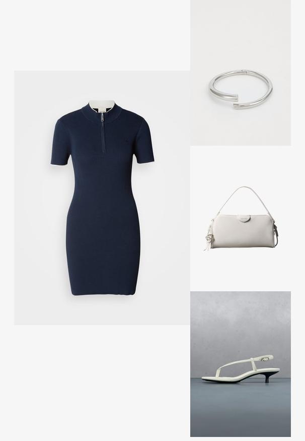 Marineblaues geripptes Strickkleid mit kurzen Ärmeln, hohem Kragen und zentralem Reißverschluss. Glatte Textur, taillierte Silhouette und dezentes Logo-Detail.; Weiße Riemchenpantolette mit kitten heel und spitz zulaufender Zehenpartie, schwebt über einem Holzkachelboden im Freien mit verschwommenem Pflanzen- und Wandhintergrund.; Weiße rechteckige Calvin Klein Handtasche mit einem einzelnen Henkel, minimalistischem Design und dekorativen Quasten mit geometrischem Metallanhänger an der Seite.; Calvin Klein SPIRAL - Armband - silver-coloured