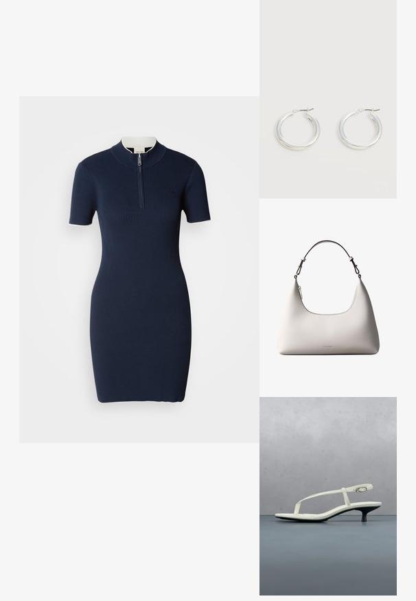 Marineblaues geripptes Strickkleid mit kurzen Ärmeln, hohem Kragen und zentralem Reißverschluss. Glatte Textur, taillierte Silhouette und dezentes Logo-Detail.; Weiße Riemchenpantolette mit kitten heel und spitz zulaufender Zehenpartie, schwebt über einem Holzkachelboden im Freien mit verschwommenem Pflanzen- und Wandhintergrund.; Cremefarbene Calvin Klein Lederschultertasche mit gebogener Oberkante, silbernem Reißverschluss und dunkelbraunem verstellbarem Riemen.; Paar mittelgroße glänzende silberne Hoop-Ohrringe mit dünnen Metallverschlüssen auf hellem neutralem Hintergrund.
