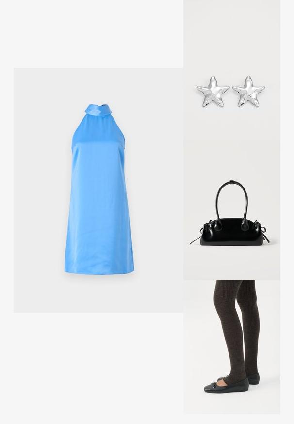 Une robe halter sans manches, bleu clair, en tissu doux, avec un col montant et des fentes sur les côtés pour faciliter les mouvements.; Jambes portant des leggings côtelés foncés associés à des ballerines noires avec de petits détails en nœud sur fond blanc.; Petit sac à main noir brillant avec deux longues anses et des détails à cordon sur les côtés sur un fond clair uni.; Boucles d'oreilles argentées en forme d'étoile, avec une surface lisse et brillante. Chaque boucle d'oreille possède cinq pointes et des détails subtils de texture de surface.